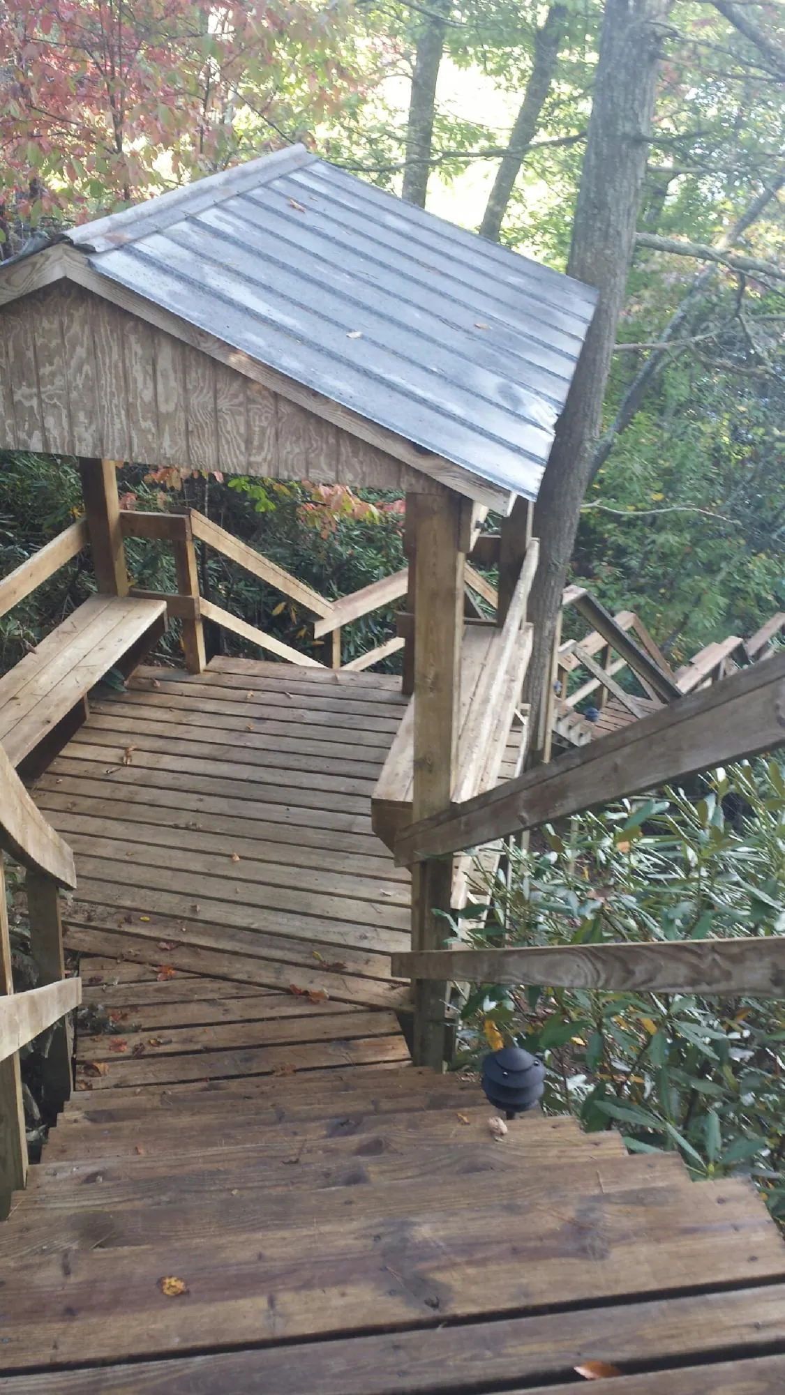 Metal roofed shelter over wooden steps on a wooded walkway — Skylight Repair & Installation work by our crew in Southern Pines